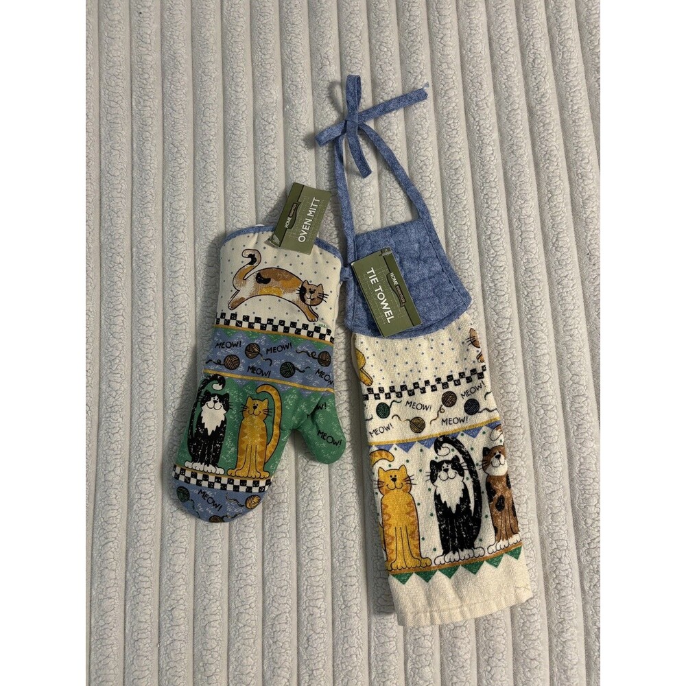 Vintage Cat Oven Mitt & Tie Towel set Orange Tuxedo Kitchen Decor Kitty Meow